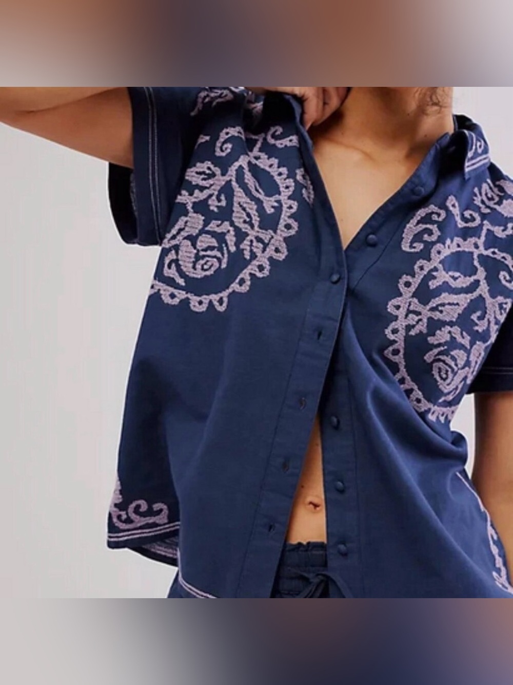 Free People Navy Button-Up Shirt Embroidery